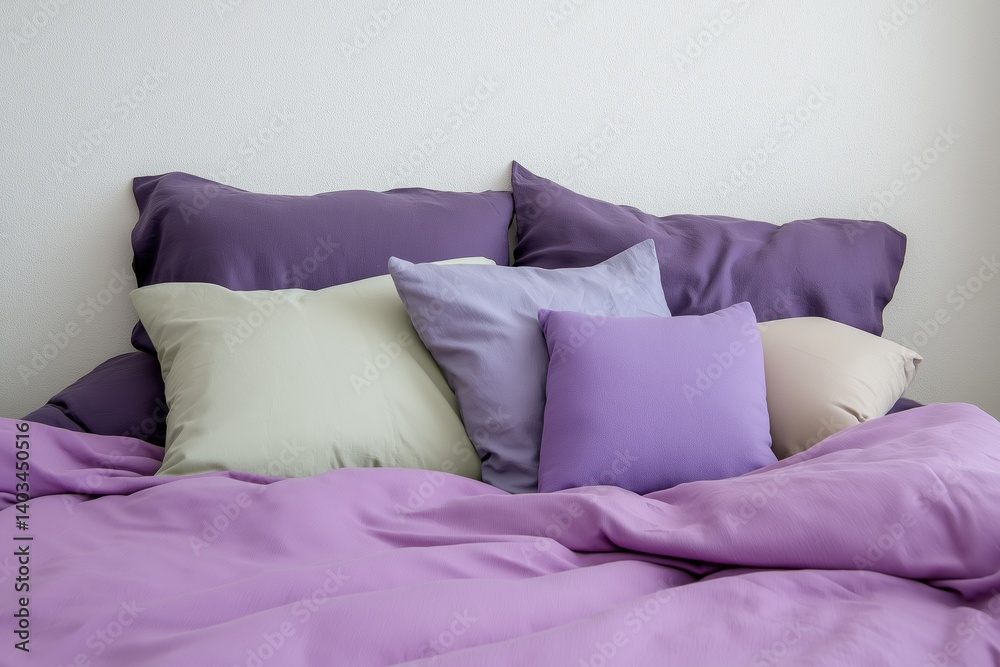 A bed with a purple comforter and pillows. The pillows are purple and green, and they are arranged in a way that creates a cozy and inviting atmosphere. The bed is neatly made