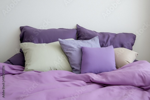 Obraz na płótnie A bed with a purple comforter and pillows. The pillows are purple and green, and they are arranged in a way that creates a cozy and inviting atmosphere. The bed is neatly made w salonie