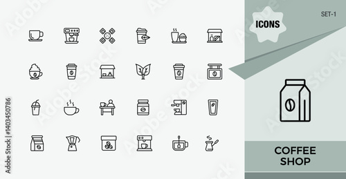 Coffee Shop icon set. Contains outline symbols like coffee, tea, cafe, restaurant, espresso, cup and more. Minimalist vector collections. Coffee icon collection. Editable vector. Set-1