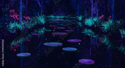 Ethereal Neon Lily Pads Floating on a Bioluminescent River A mesmerizing river in the heart of a dreamlike jungle, 16:9