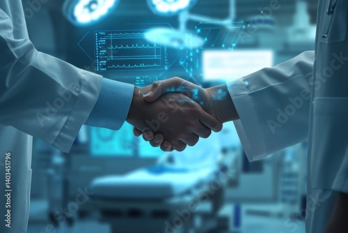Hands of medical professionals shaking in a hospital with digital health data overlays and technological advancements in the healthcare environment