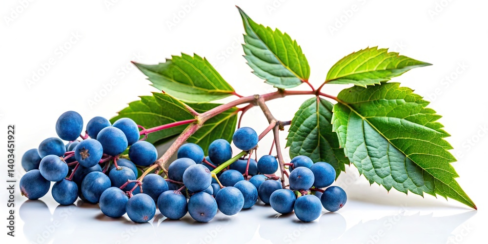 Obraz premium Wild Grape Berries: Close-up Macro Photography of Small Blue Berries and Green Leaves Isolated on White