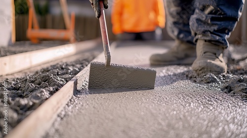 Mason smoothing concrete for a patio. Featuring surface finishing and skill