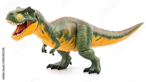 Green and Yellow Tyrannosaurus Rex Toy on White Background