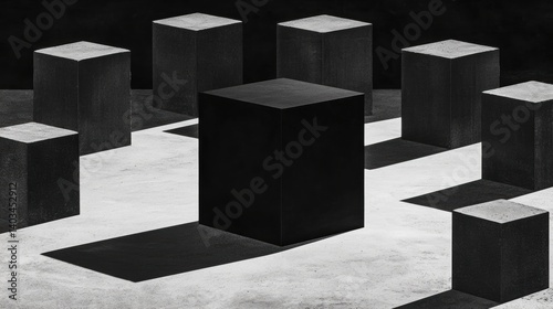 A black and white image of a group of black cubes arranged in a circle.