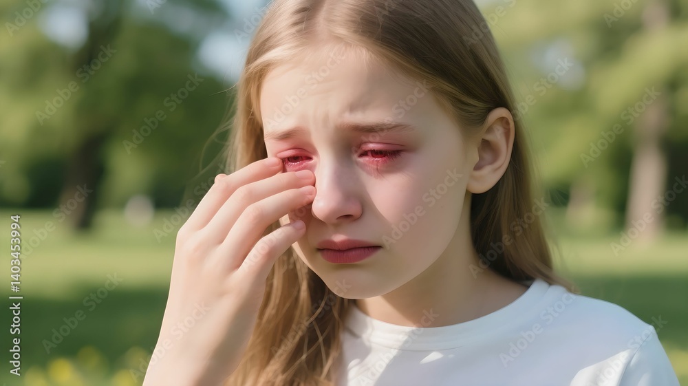 Girl's outdoor eye redness represents eye health, allergy prevention, and daily care concepts, suitable for promoting eye health education and eye care products. Girl's outdoor eye redness represents eye health, allergy prevention, and daily care concepts, suitable for promoting eye health education and eye care products.