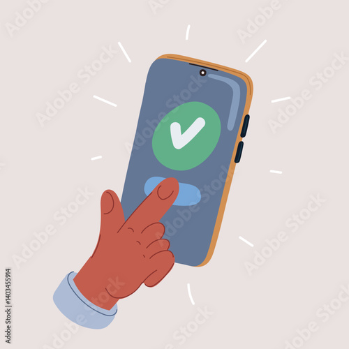 Cartoon vector illustration of a finger tapping on a smartphone screen like confirming a decisive action