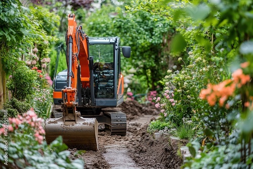  Mini excavator in tight garden space, maneuvering between blooming bushes and narrow path, orange machine stands out in lush green suburban surroundings.