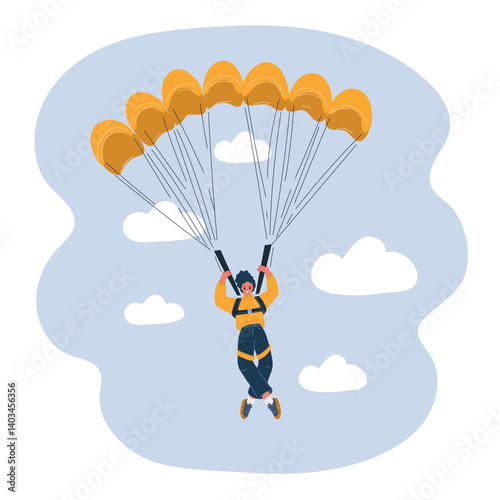 Cartoon vector illustration of a woman landing with a parachute like embracing the thrill of the sky