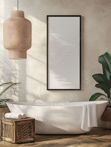 Mockup of Modern Bathroom with Blank Frame Above Minimalist