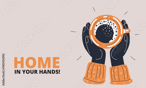 Cartoon vector illustration of hands holding a tea cup from above like savoring a peaceful moment