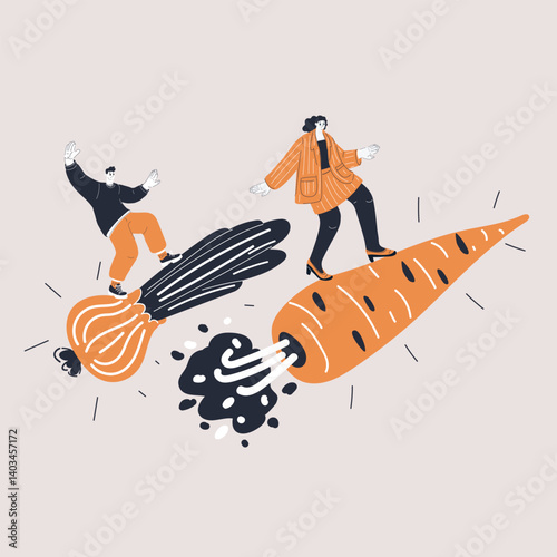 Cartoon vector illustration of a man and woman flying on a carrot and onion like embarking on a whimsical adventure through the skies