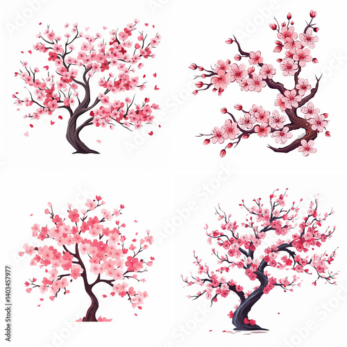 Four illustrations of beautiful pink cherry blossom trees. photo