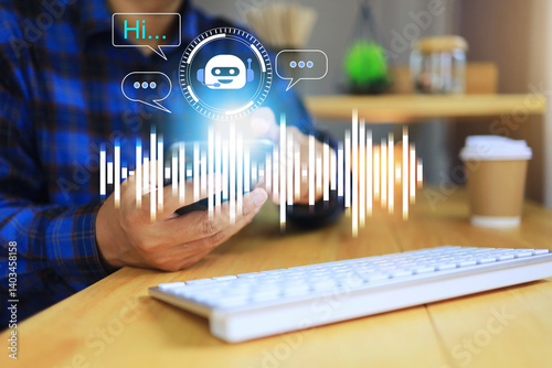 Automation concept with user is using chatbot to get technical answers or answer questions about products and services, suggesting that AI is replacing humans.