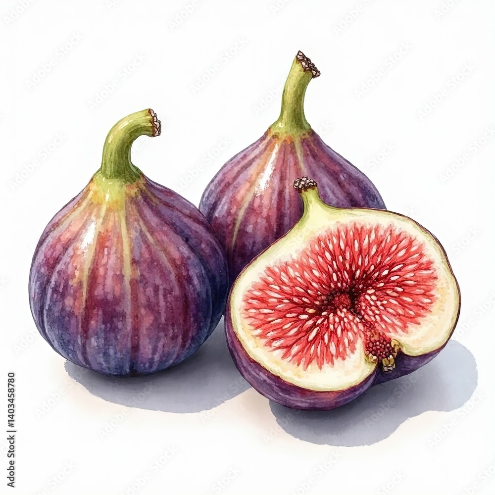 Watercolor illustration of fresh figs, one cut open, on a clean white background. Watercolor illustration of fresh figs, one cut open, on a clean white background.