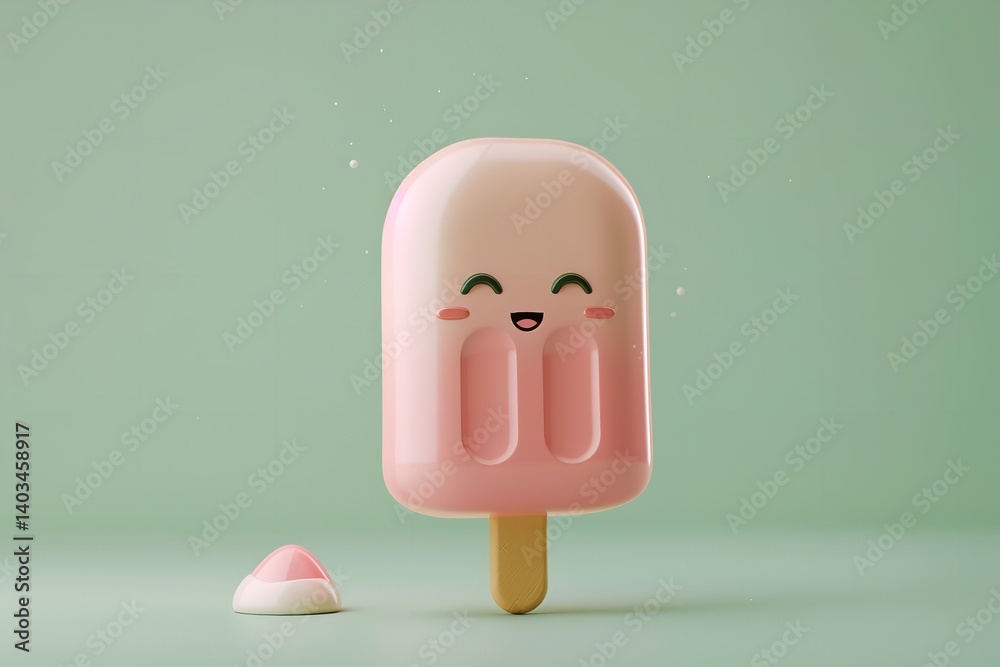 Obraz premium A&nbsp;lovely&nbsp;face&nbsp;to item marketing&nbsp;with&nbsp;3D&nbsp;kawaii stick ice cream emblem over a pale green setting lovely hue delish and space, Generative AI.