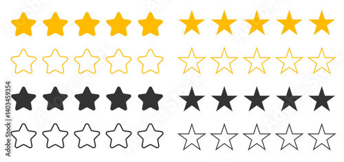 Five star review icon set with yellow and Black rating symbols for apps and web. Shows product quality, user feedback, and customer scores. Provided in vector and transparent PNG formats.