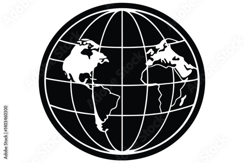 Monochrome vector illustration of the world globe, continents and gridlines