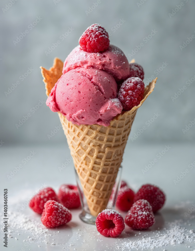 Raspberry Sorbet in Sugar Cone with Fresh Raspberries and Powdered Sugar Raspberry Sorbet in Sugar Cone with Fresh Raspberries and Powdered Sugar