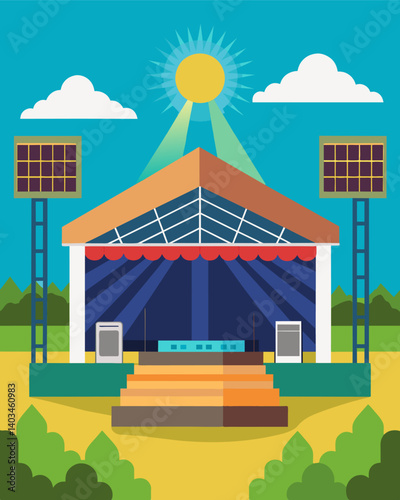 An outdoor concert venue with a solar panel canopy covering the stage powering the lighting and sound systems for ecofriendly entertainment.. Vector illustration