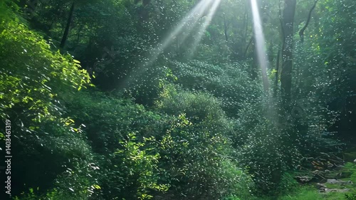 Serene stone platform surrounded by lush forest greenery in early morning light