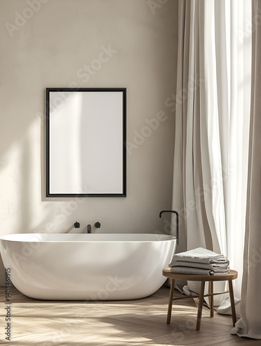 Mockup of Modern Bathroom with Blank Frame Above Minimalist