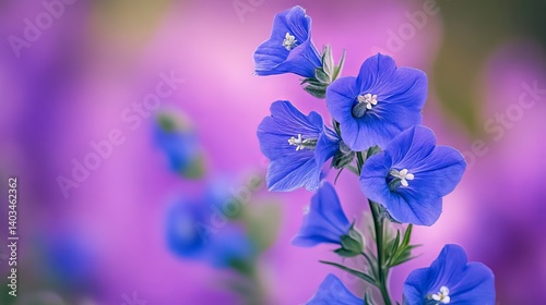 Close up of blue flax flowers photography against a soft purple and pink background for floral wallpaper