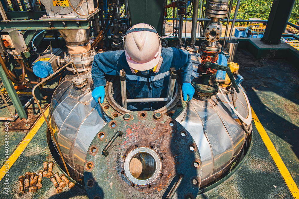 Male into work inspection process chemical into stairways chemical stainless tank