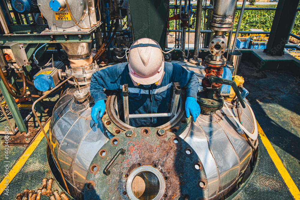 Male into work inspection process chemical into stairways chemical stainless tank