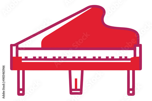 A bright red grand piano illustration with clean lines and white background