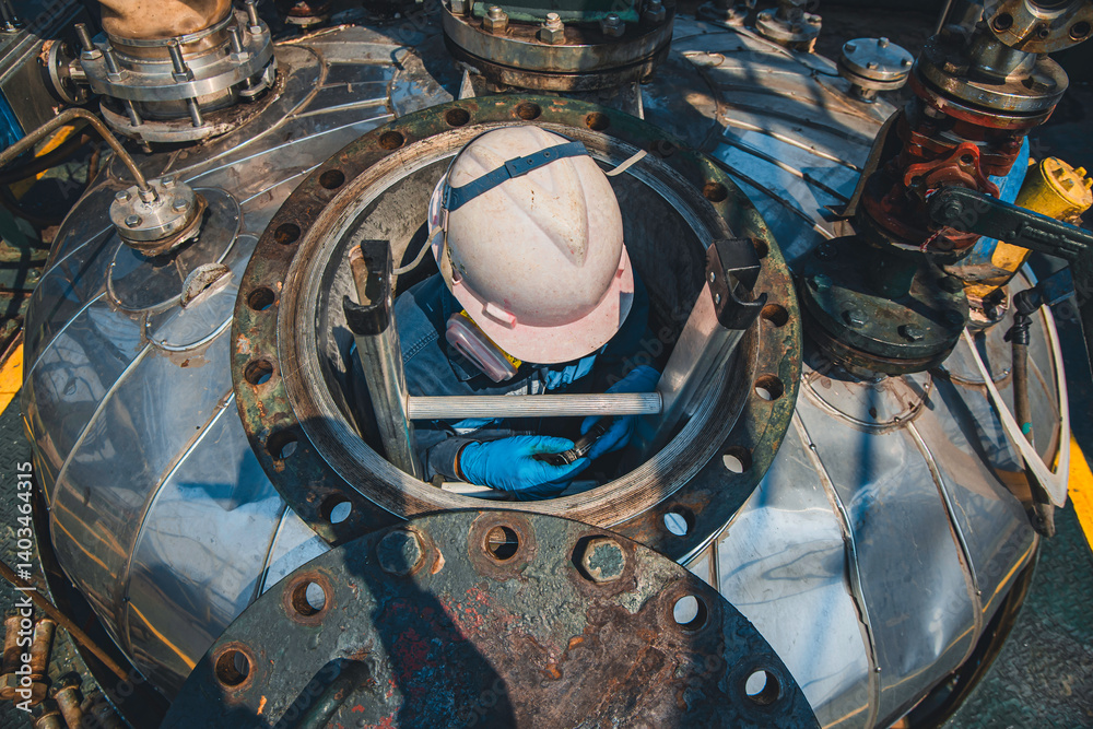 Male into work inspection process chemical into stairways chemical stainless tank