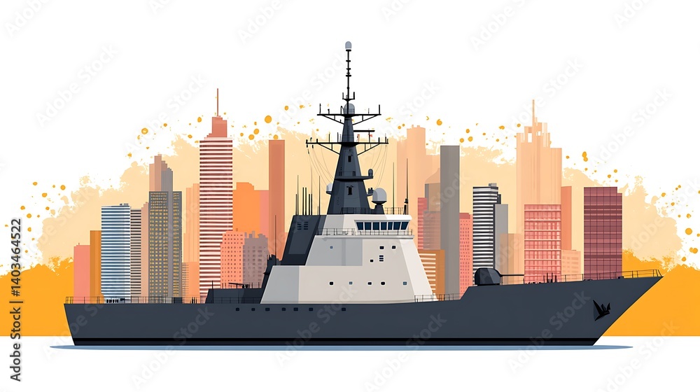 Obraz premium Grey Warship at Sunset City Skyline Illustration