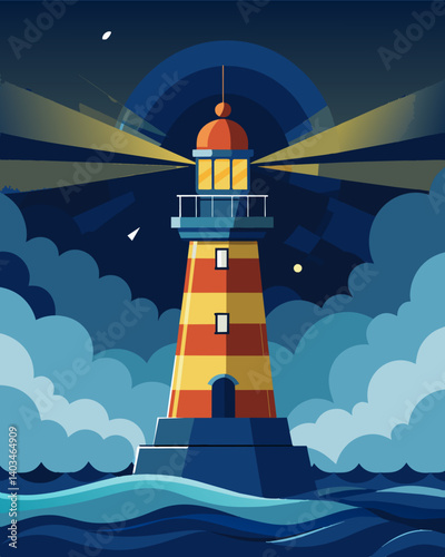 No longer dependent on unreliable electricity the solarpowered lighthouse remains a constant presence in stormy seas.. Vector illustration