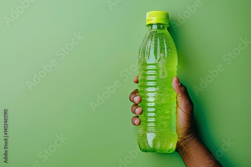 Over a pale green setting an athletic male's hand holds a bottle of reviving energy drinks depicting the need for rehydration and space, Generative AI.