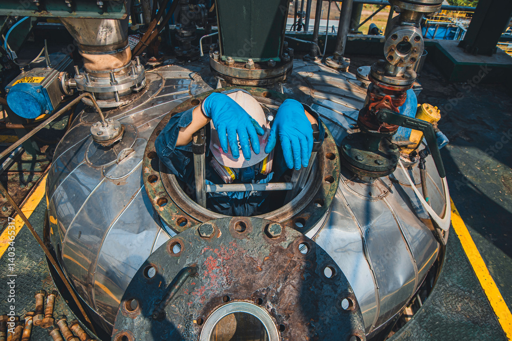 Male into work inspection process chemical into stairways chemical stainless tank