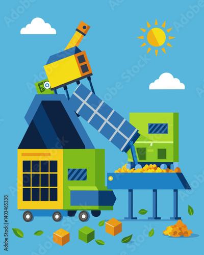 Large industrial shredders are used to break down old solar panels into smaller components making them easier to recycle.. Vector illustration