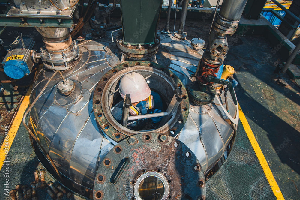Male into work inspection process chemical into stairways chemical stainless tank