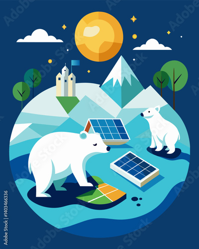 In the snowy Arctic tundra polar bears and other arctic creatures could now coexist with solar panels as these quiet and efficient energy sources were installed to reduce carbon. Vector illustration