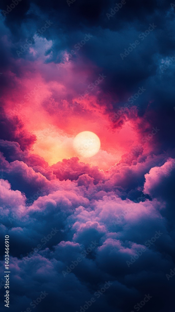 Obraz premium Beautiful sunset over vibrant clouds with a glowing sun in a dramatic sky at dusk