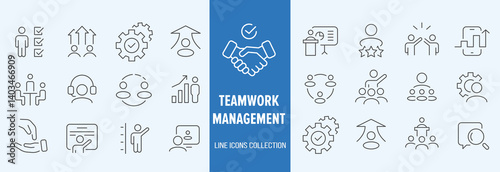 Business teamwork icon set. Containing team working together, partnership, work group, agreement, handshake, support, structure hierarchy, collaboration, co-worker, cooperation. vector illustration