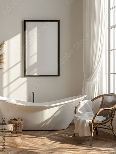 Mockup of Modern Bathroom with Blank Frame Above Minimalist