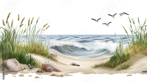 Coastal Breeze: A tranquil seascape featuring gentle waves crashing on a sandy shore, framed by lush grasses and the silhouette of birds soaring above.