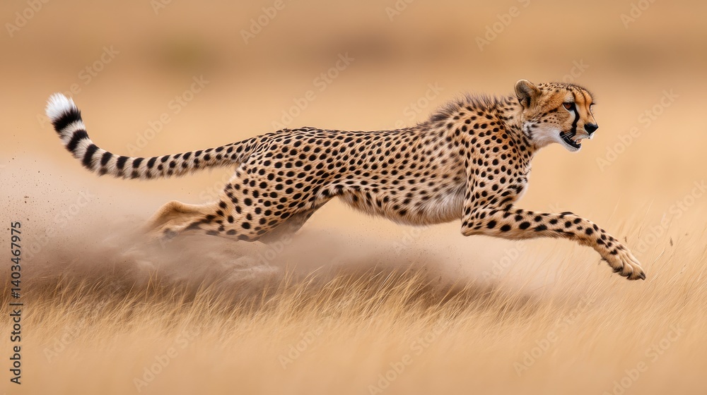 Naklejka premium Cheetah sprinting across savannah grassland, dust flying. Wildlife photography for nature documentaries