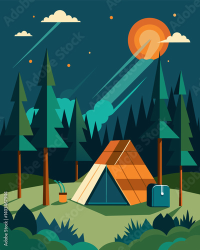 Deep in the wilderness a solarpowered forest campsite offers a unique offthegrid experience allowing campers to immerse themselves in nature without disrupting the environment.. Vector illustration