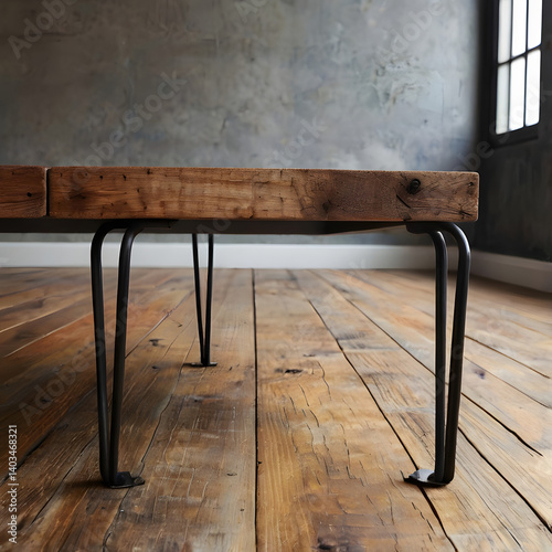 Rustic Table with Metal Legs: A close-up shot of a handcrafted table, blending the warmth of aged wood with the sleek, industrial look of its black metal hairpin legs.