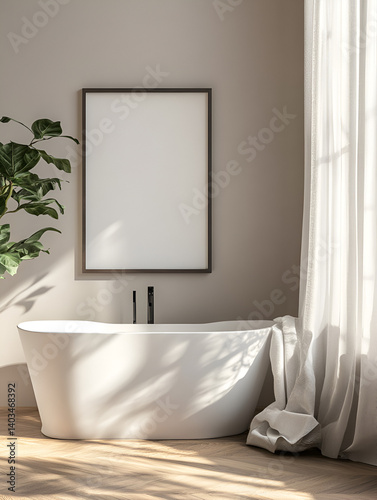 Mockup of Modern Bathroom with Blank Frame Above Minimalist