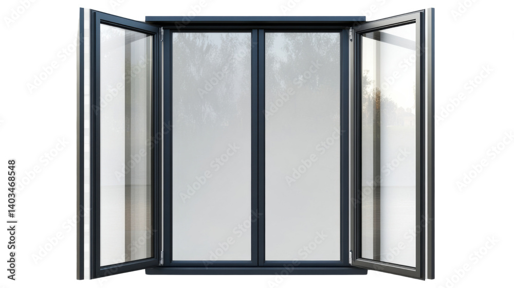 Obraz premium Open Bi-Fold Window: An open bi-fold window reveals a view beyond, inviting fresh air and sunshine into a modern, sleek space.