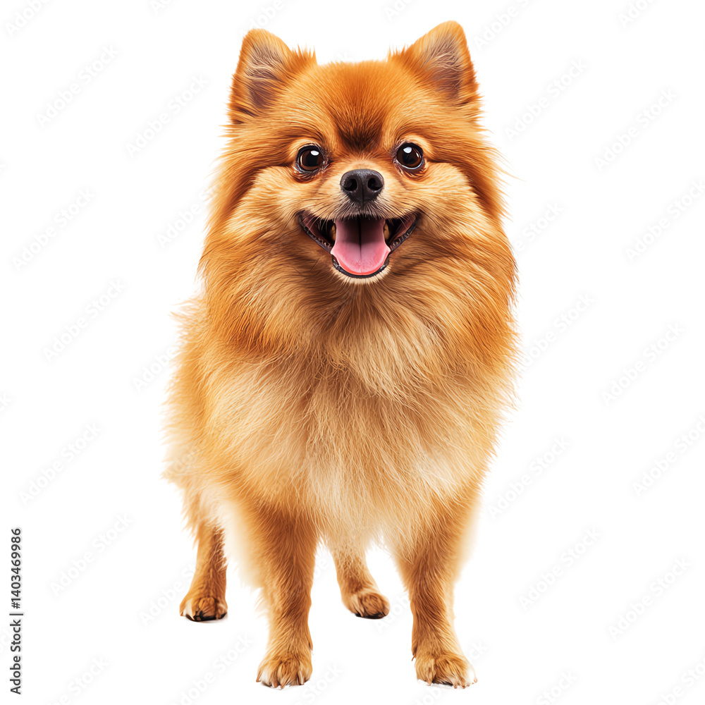 A cheerful Pomeranian dog standing with a joyful expression, captured against a white isolated background. A cheerful Pomeranian dog standing with a joyful expression, captured against a white isolated background.