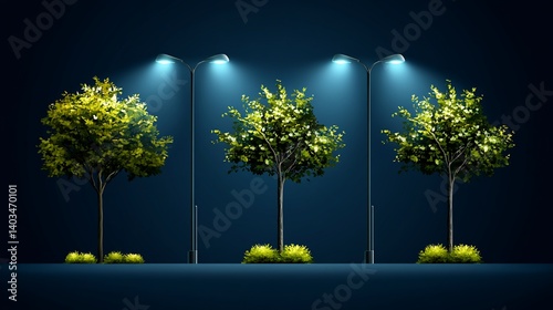 Illuminated trees and lampposts at night