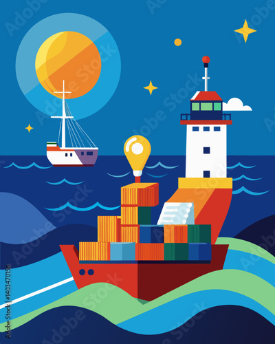 In the distance a brightly colored solarpowered buoy can be seen guiding a cargo ship towards its destination with precision and accuracy.. Vector illustration